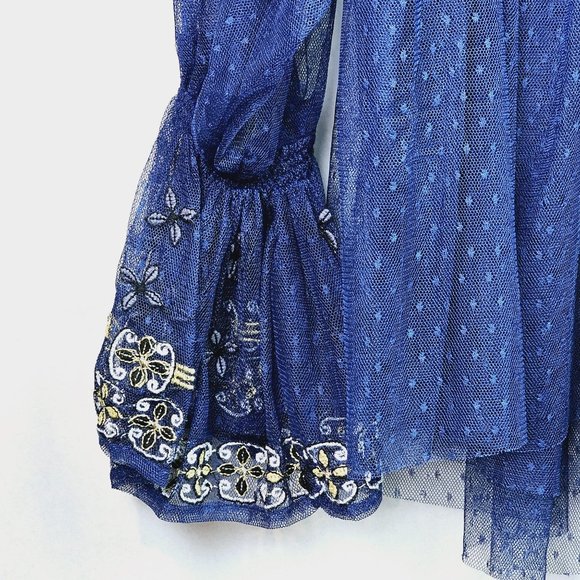 Free People Blue Gold Joy Ride Sheer Embroidered Poet Sleeve Top, Sz M, NWT $148 - Picture 6 of 10